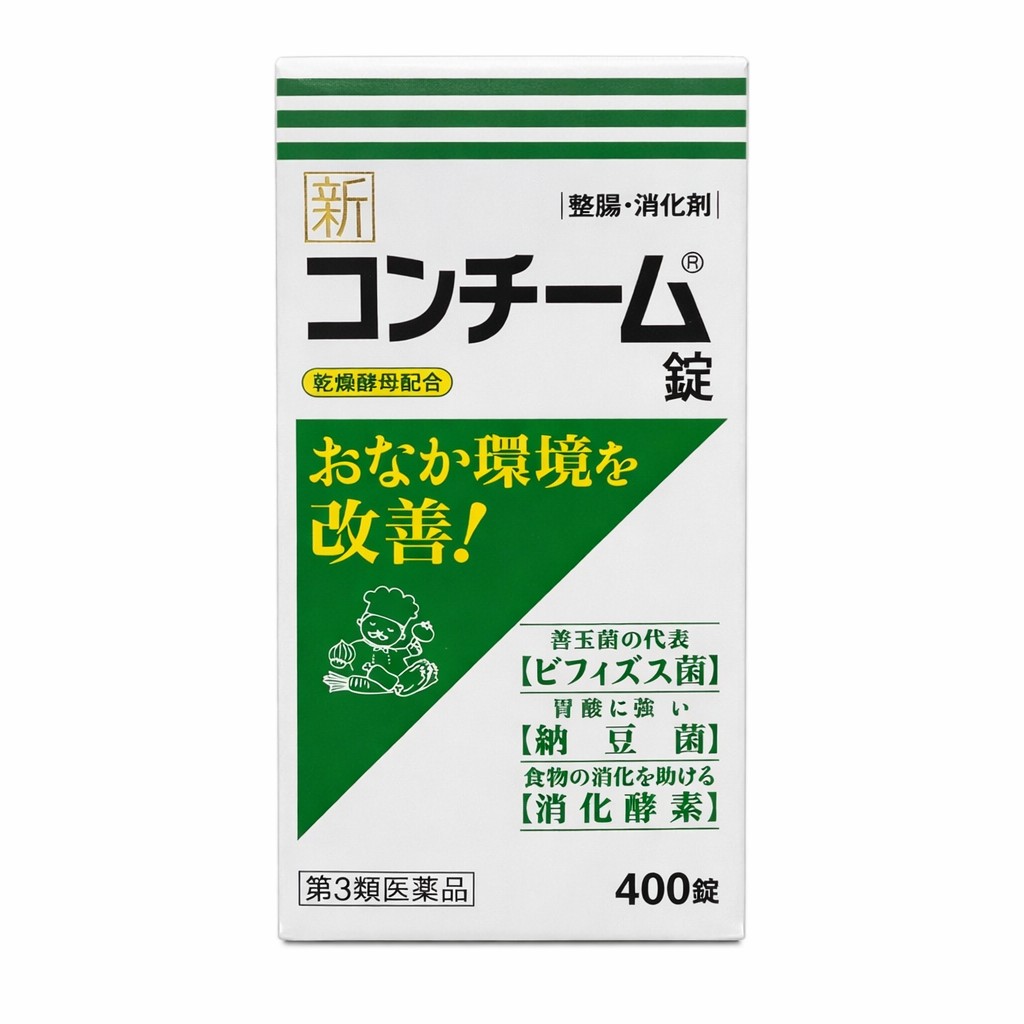特徴新コンチーム錠は，ビフィズス菌，乳酸菌，納豆菌の3種の整腸生菌に乾燥酵母，消化酵素，制酸剤やビタミンを配合した整腸・消化の作用をもった総合胃腸薬です。3種類の整腸生菌（ビフィズス菌，乳酸菌，納豆菌）が腸内の善玉菌を増やし，悪玉菌の増殖を抑えることで，腸内環境を整えます。乾燥酵母が胃腸の働きを整えるとともに，乳酸菌の増殖を促進します。消化酵素（ビオヂアスターゼ1000，セルラーゼAP3）が胃腸の消化機能を助けます。使用上の注意相談すること1．次の人は服用前に医師，薬剤師又は登録販売者に相談してください（1）医師の治療を受けている人（2）薬などによりアレルギー症状を起こしたことがある人（3）次の診断を受けた人甲状腺機能障害（4）抗凝血剤「ワルファリン」を服用している人2．服用後，次の症状があらわれた場合は副作用の可能性があるので，直ちに服用を中止し，この文書を持って医師，薬剤師又は登録販売者に相談してください［関係部位：症状］皮膚：発疹・発赤，かゆみ3．服用後，次の症状があらわれることがあるので，このような症状の持続又は増強が見られた場合には，服用を中止し，この文書を持って医師，薬剤師又は登録販売者に相談してください便秘4．2 週間位服用しても症状がよくならない場合は服用を中止し，この文書を持って医師，薬剤師又は登録販売者に相談してください効能・効果消化促進，消化不良，食欲不振（食欲減退），食べ過ぎ（過食），もたれ（胃もたれ），胸つかえ，消化不良による胃部・腹部膨満感，整腸（便通を整える），腹部膨満感，軟便，便秘用法・用量次の量を毎食後に服用してください［年齢：1回服用量：1日服用回数］成人（15才以上）：4錠：3回8才以上15才未満：3錠：3回5才以上8才未満：2錠：3回5才未満：服用しないこと〈用法・用量に関連する注意〉（1）定められた用法・用量を厳守してください（2）小児に服用させる場合には，保護者の指導監督のもとに服用させてください成分・分量12錠中乾燥酵母(ビール酵母）2070mgラクトミン（乳酸菌末）36mgビフィズス菌30mg納豆菌末100mgビオヂアスターゼ1000 40mgセルラーゼAP312mg沈降炭酸カルシウム425mgチアミン硝化物（ビタミンB1硝酸塩）9mgリボフラビン（ビタミンB2）3.6mg添加物としてヒドロキシプロピルセルロース，タルク，バニリン，セルロース，白糖，無水ケイ酸，ステアリン酸Mg保管及び取扱い上の注意（1）直射日光の当たらない湿気の少ない涼しい所に密栓して保管してください（2）小児の手の届かない所に保管してください（3）他の容器に入れ替えないでください（誤用の原因になったり品質が変わる）（4）使用期限をすぎた製品は服用しないでくださいお問い合わせ先日邦薬品工業株式会社お客様相談窓口：03-3370-7174受付時間：9時から17時（土、日、祝日を除く）販売会社日邦薬品工業（株）製造販売会社日東薬品工業株式会社商品区分：【第3類医薬品】日本製【広告文責】株式会社リバース TEL06-6121-2506
