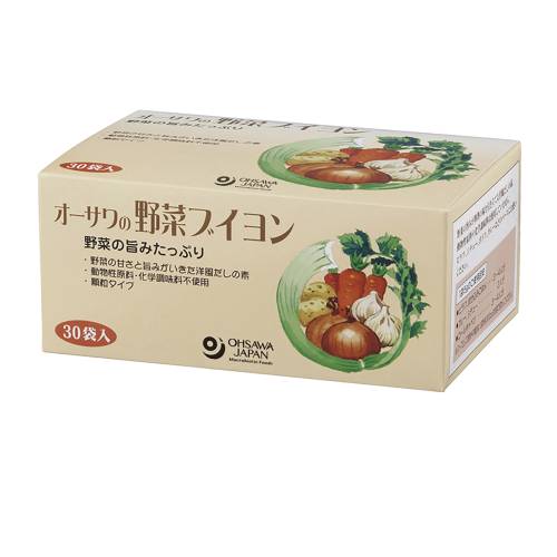 売れ筋商品！！■商品名：オーサワの野菜ブイヨン（5g×30包）×3個セット■キャッチコピー：国内産野菜の旨味が凝縮洋風料理がおいしく仕上がる植物性素材でつくった洋風だしの素■メインコピー：■さっと溶ける顆粒タイプ■砂糖・動物性原料・添加物不使用■1包をスープやピラフ・カレーに（3?4人分）■内容量：5g×30包■賞味期間：製造日より常温で1年■原材料：食塩（天塩）、甘藷でんぷん（鹿児島産）、酵母エキス、玉ねぎ（北海道産）、醤油、ブラックペッパー（マレーシア・東南アジア産）、セロリ（ドイツ・東南アジア産）、人参（北海道産）、ガーリック（アメリカ・東南アジア産）