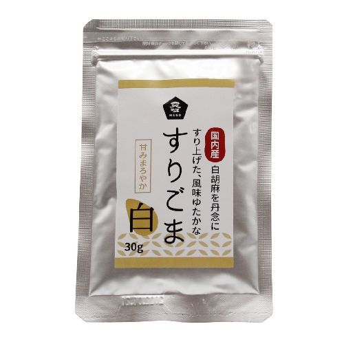 ■国内産すりごま・白■内容量：30g■原材料：ごま（国内産）■賞味期限：開封前：180日、開封後：なるべくお早目にご利用ください■国内産白胡麻を焙煎後、胡麻の持つ香りと旨味を大切に、すりつぶしました ＞お届けについてや、日数の目安はこちら