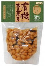 ■商品名：有機大豆煮豆■内容量：145g■原材料：有機大豆（国産）、有機こんにゃく、昆布だし、有機砂糖、昆布、本みりん、有機醤油（小麦・大豆を含む）、食塩、かつおだし／水産化Ca■賞味期限：開封前：1年■メーカー：ムソー■商品詳細：秋田県産有機大豆と有機こんにゃくを昆布とかつおのこだわりだしで煮込んだ有機認定商品の煮豆です。 ＞お届けについてや、日数の目安はこちら