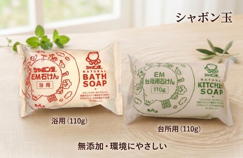 商品情報商品名EM石けん容量浴用：100g台所用：110g台所用石けん成分純石けん分（99％ 脂肪酸ナトリウム）浴用石けん成分石ケン素地製造販売者シャボン玉本舗シャボン玉石けん EM石けん 浴用 台所用 無添加石けん 固形石鹸 EM菌 無香料 自然派 シャボン玉 EM浴用石けん EM台所用石けん 洗顔 全身 洗浄 キッチン スキンケア まとめ買い 【無添加・環境にやさしい】シャボン玉EM石けん（浴用＆台所用）セット。EM技術でお肌にも地球にも心地よい自然派固形石鹸。 5