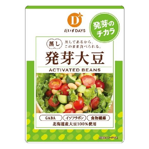 ■商品名：蒸し発芽大豆■内容量：100g■■賞味期限： 開封前：製造日より180日 開封後：密閉容器に入れ冷蔵庫で保管し、お早めにお召しあがりください。■メーカー：だいずデイズ■原材料：大豆（北海道産、遺伝子組換えでない）、食塩、米酢■商品詳細：○蒸すことで大豆・黒豆本来の栄養価やうまみがぎゅっと凝縮されています。○発芽の力で、たんぱく質がからだに吸収されやすい形（アミノ酸など）に分解されています。○発芽の力で、ストレス社会の味方GABAも増加しています。 ＞お届けについてや、日数の目安はこちら