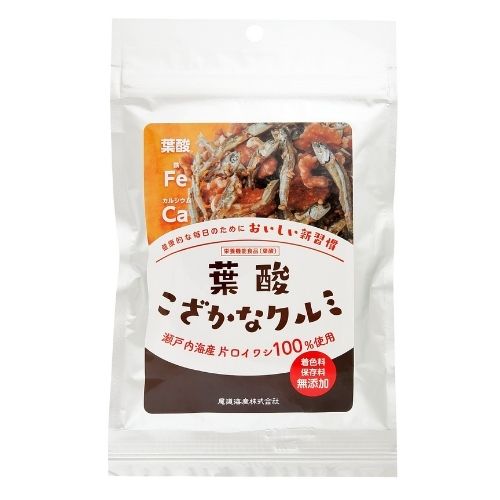 ■商品名：葉酸こざかなクルミ■内容量：50g■賞味期限：製造日より180日■メーカー：尾道海産■原材料：煮干魚類（片口イワシ（瀬戸内海産））、くるみ、砂糖、粉飴、ごま／葉酸■商品詳細：生活習慣病の予防に、「葉酸」摂取を習慣化してほしいとの思いがこもった栄養機能食品です。鉄・カルシウムを豊富に含む瀬戸内海産の片口イワシと、アンチエイジングなどで高く支持されているクルミを使用し、砂糖・粉飴のみの懐かしく飽きのこない味付けに仕上げました。