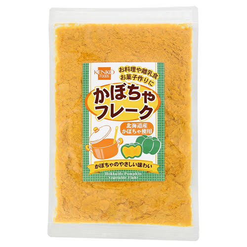 ■商品名：かぼちゃフレーク■内容量：70g■メーカー：健康フーズ■賞味期限：製造日より1年■原材料：かぼちゃ（北海道産）■商品詳細：○北海道産かぼちゃを茹でて裏ごしし、乾燥させて作りました。水で戻すだけで手軽にご使用いただけます。○又、加熱処理を行っていますので、このままでもおいしくお召し上がりいただけます。