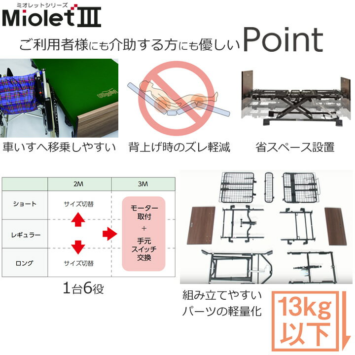 介護ベッド 在宅介護用ベッド 背上げ1モーターベッド ミオレット3（MioLet3）・木製宮付きボード・3点セット サイドレール（柵）付き マットレス付き 【プラッツ】【P113-11BB】【介護用ベット】【送料無料】