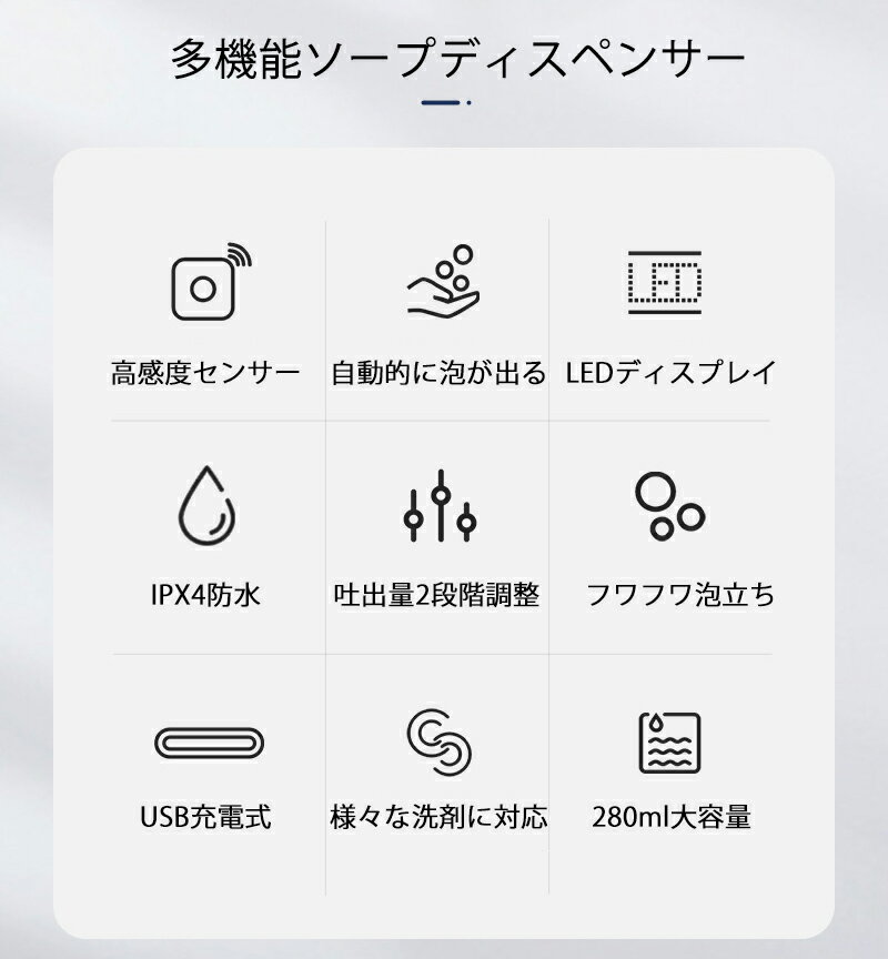 ソープディスペンサー 壁 自動 泡 USB充電式 高感度センサー ハンドソープディスペンサー 1200mAh内蔵電池 吐出量2段階調整 280ml大容量 IPX4防水 おしゃれ 洗面台/トイレ/キッチン/学校/病院に 清潔対策 衛生的【日本語取扱書付】【1年品質保証】 2