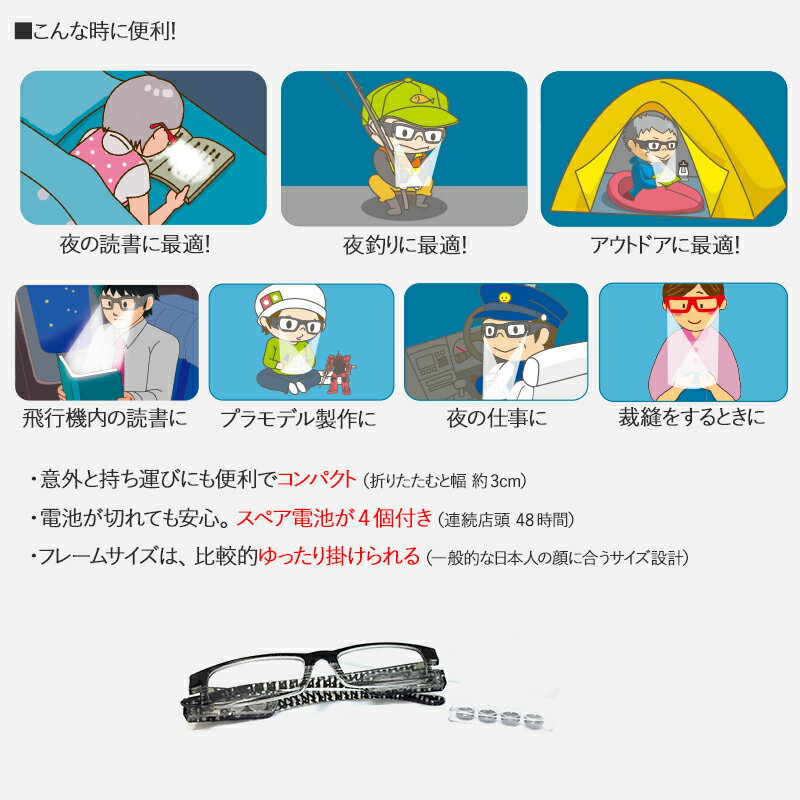 【LEDライト付き老眼鏡 ブラック 度数：+3.50】リーディンググラス シニアグラス 老眼鏡 男性 老眼鏡 女性 老眼鏡 おしゃれ 父の日 還暦祝い プレゼント ギフト ポイント消化