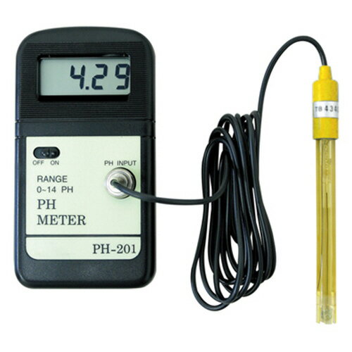 【用途】 プール・水槽・食品・水処理施設などの水質管理に最適なデジタルPHメータ。 【特徴】 PH07基準液(50ml)が付属されます。 コンパクトで操作が簡単です。 セパレート電極を採用しています。 【仕様】 ●測定範囲：0〜14PH。 ●測定周期：0.4秒/回。 ●測定原理：ガラス電極式。 ●分解能：0.01PH。 ●使用温湿度範囲：0〜50度・0〜90%RH。 ●電源：006P(9V)×1。 ●サイズ：幅70×高さ131×奥行25mm。 ●重量：約153g。 【材質】 【注意事項・その他】