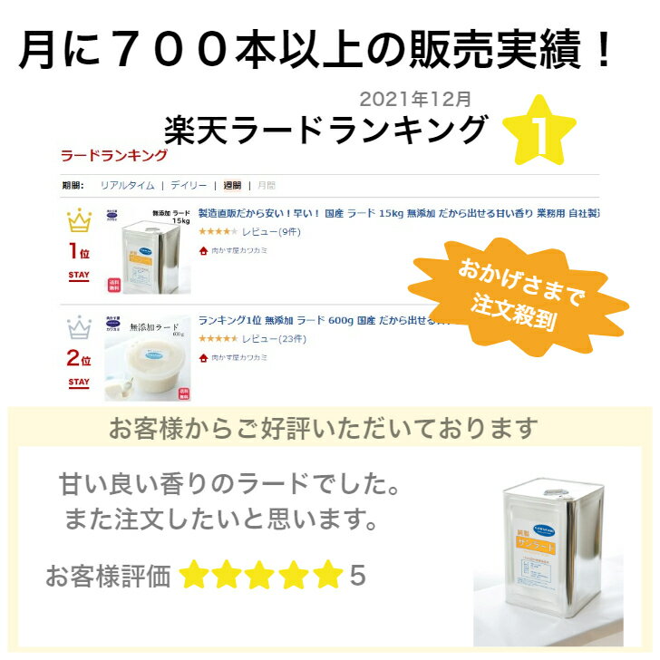 楽天で一番売れている プロ用 ラード 15kg 自社製造だから 安い 国産 無添加 だから出せる甘い香り 業務用 自社製造 だから 安心 安全 焼きそば お好み焼き ラーメン チャーハン 餃子 中華 豚まん とんかつ 唐揚げ らーど たこ焼き 肉かす 揚げ物 油 背脂 豚 油 一斗缶 2