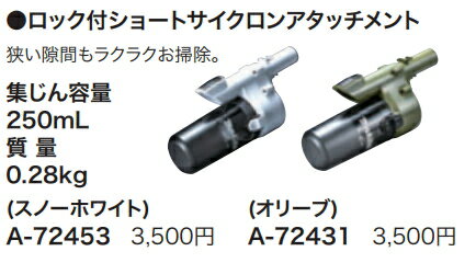 マキタ掃除機　ロック付ショートサイクロンアタッチメント（集じん容量250ml）　オリーブ　A-72431　コードレス掃除機用