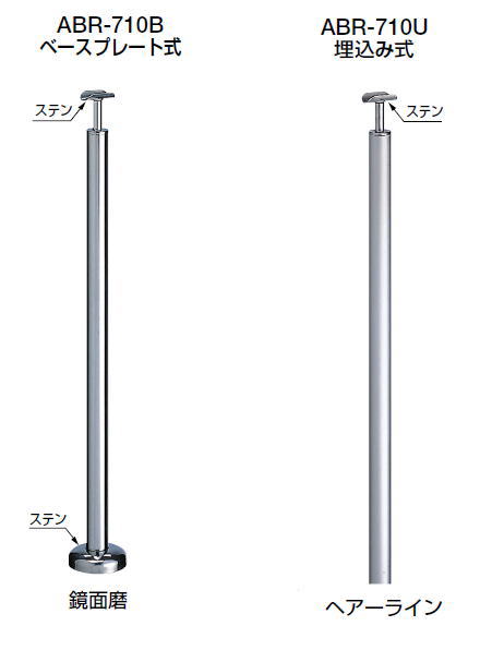 シロクマ　住宅用アプローチ手すり用パーツ　支柱（受型）　ABR-710U　埋込み式（高さ調整タイプ）【鏡面磨】【1本】【※仕上げ・カラー・設置タイプにご注意ください!!】