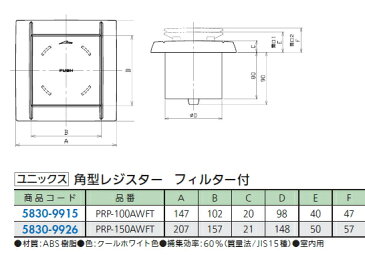 ユニックス　角型レジスター　フィルター付　φ100　PRP-100AWFT