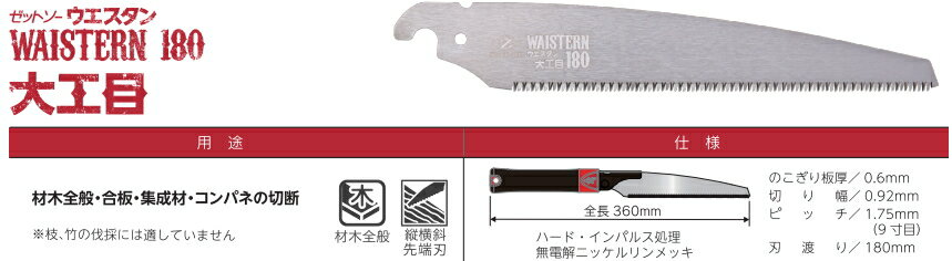 ゼット販売　ゼットソー　ウエスタン 180　大工目　本体　[15210]