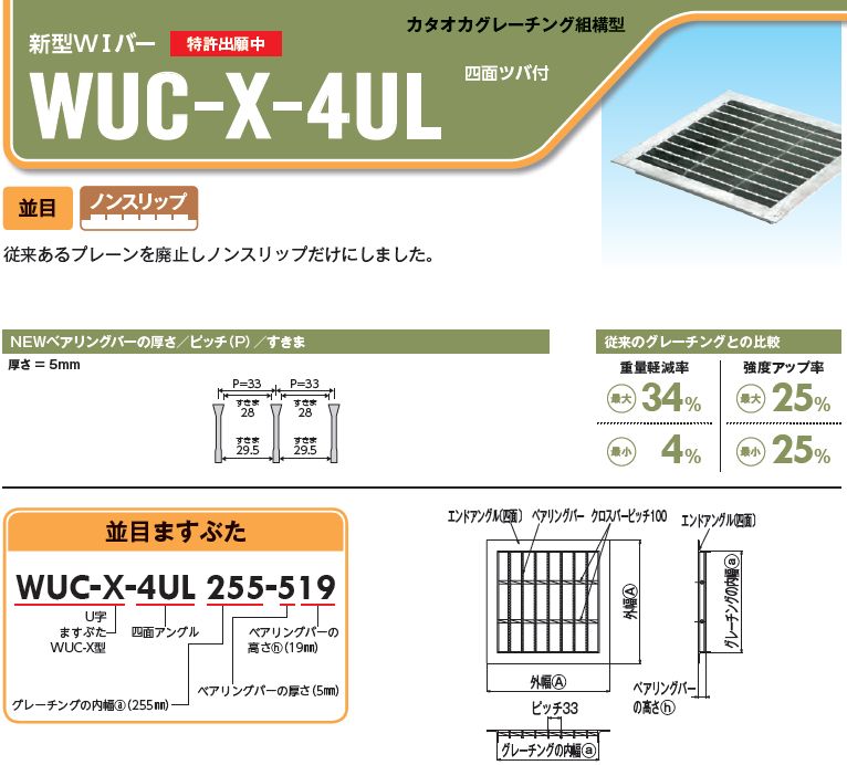 グレーチング四面ツバ付き桝蓋用 普通目ノンスリップ 300mm用 適応荷重T-2 重量 5kg 形式記号 WUC-X-4UL290-532 2