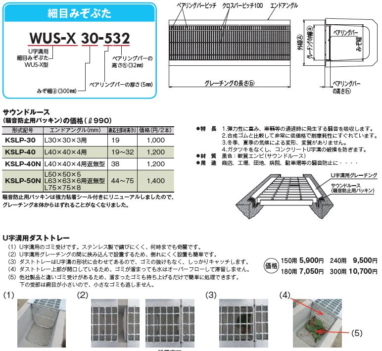 グレーチングU字側溝180mm用　形式記号　WUS-X18-519(旧KUFS18-19)　スチール製　細目滑り止め付　適応荷重　T-6 3