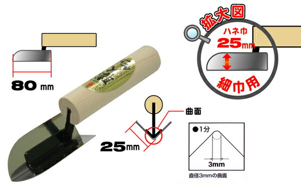 【左官こて・左官コテ 道具鏝】 入隅押さえ職人（羽根巾25mm）