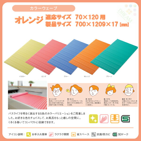 東プレ 風呂フタ カラーウェーブ M12 適応サイズ70×120cm用 幅700×奥行1209×高さ17mm オレンジ 【ふろふた】【 フロフタ】【 風呂蓋】 kenzai