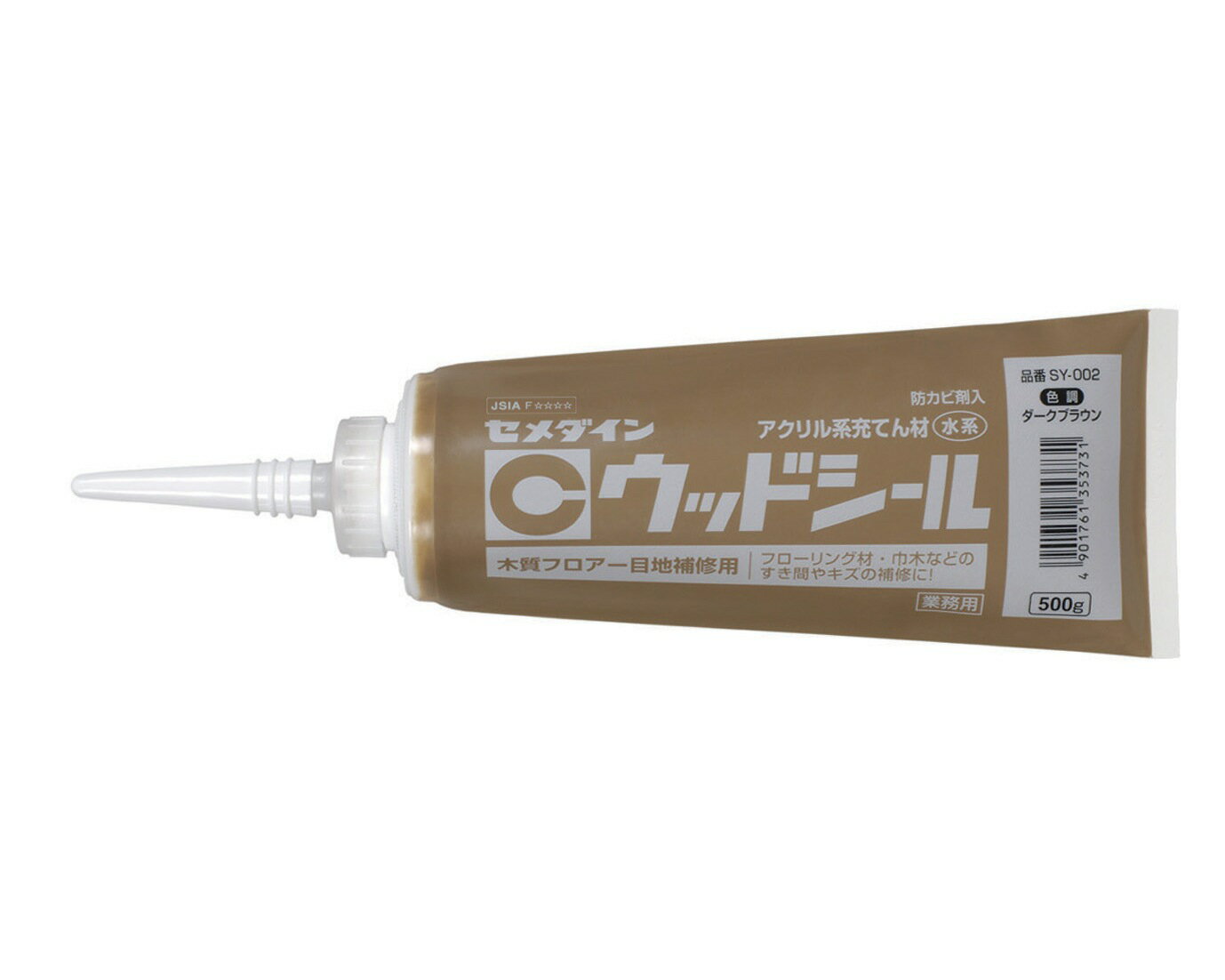 ○特長○水性で、硬化後は塗装可能。肉やせが少なくきめが細かい。○用途○フローリング材と巾木など木部のすき間充填に。木質フロアーの継ぎ目や、傷の補修にも使えます。○仕様○JSIA　F★★★★500g　チューブ○材質○　アクリル樹脂エマルジョン○質量○　○分類○　補修用品／充填材／水性アクリル系