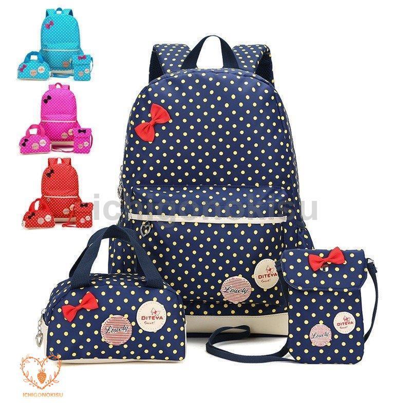 子供リュックサック キッズリュック 水玉柄 ドット柄 蝶結び バックパック 3点 女の子 アウトドア かば..