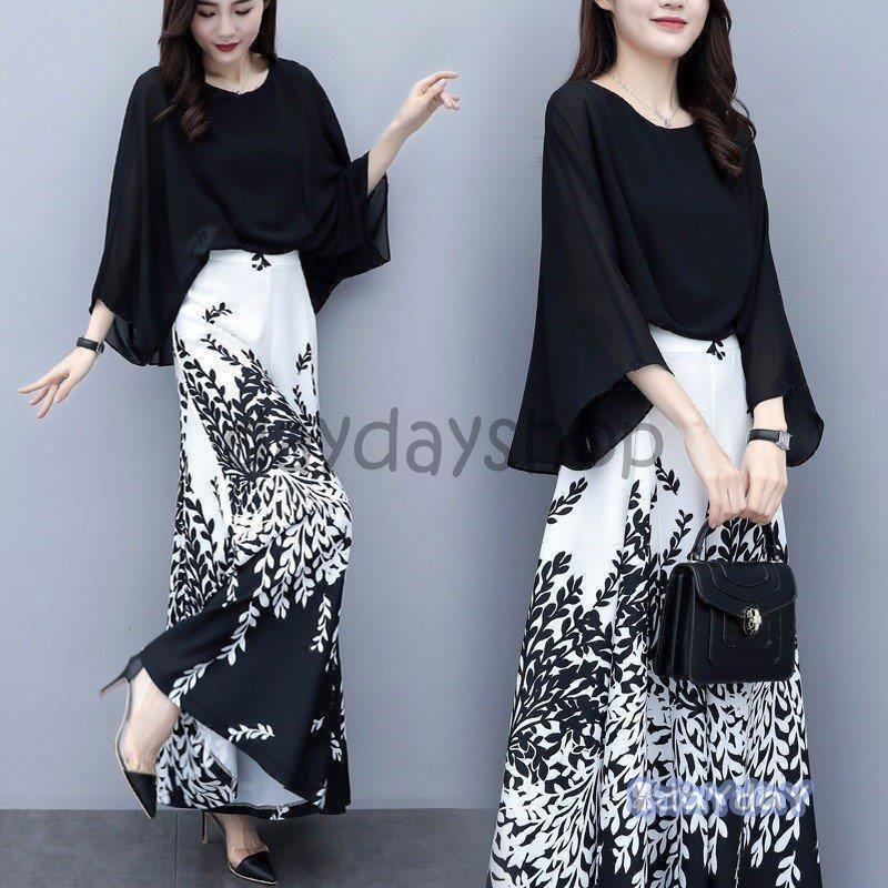 セットアップ レデイース 春秋黒 シフォン七分丈 レディース ワイドパンツ 着痩せコーデ パンツドレス おしゃれ ゆったり 通勤 入園式 卒業式 二次会 30代 40代(4)