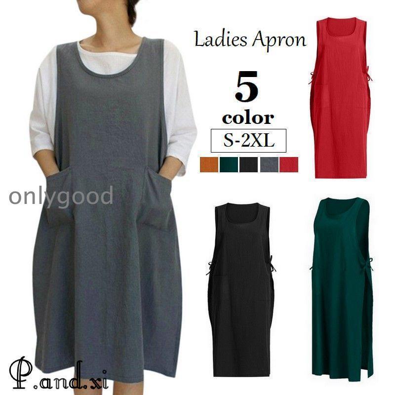 エプロン ワンピース風 レディース プルオーバー 膝下丈 ミディ丈 サイドリボン ポケット付き ゆったり..