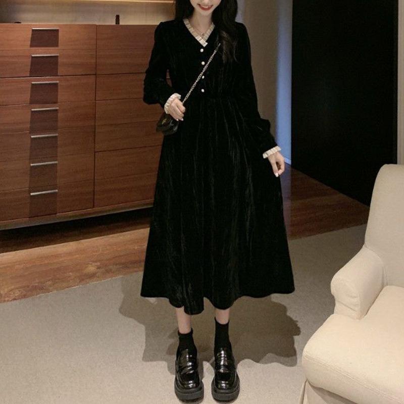 マキシワンピース レディース 40代 20代秋冬新作 長袖ワンピース ベルベットワンピース 黒 ロング丈 Aライン 厚手 オシャレ 大人 大きいサイズ