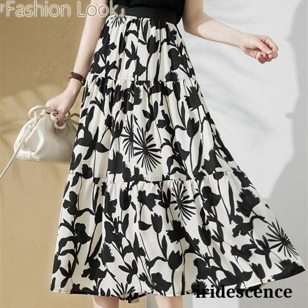 スカート 花柄スカート シフォン Aラインスカート ミモレ丈 黒白 ウエストゴム入り レディース トップス
