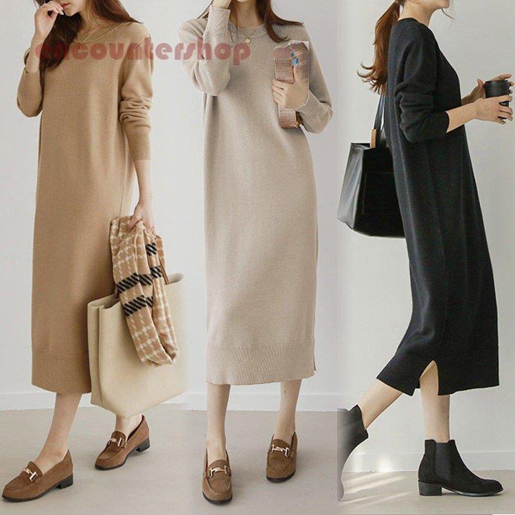 ニットワンピース レディース 春秋冬 膝丈メリヤス セーター きれいめ 綿 ロング丈 スカート長袖 ニットワンピース 無地 通勤 着痩せ OL 大人 30代 40代 50代