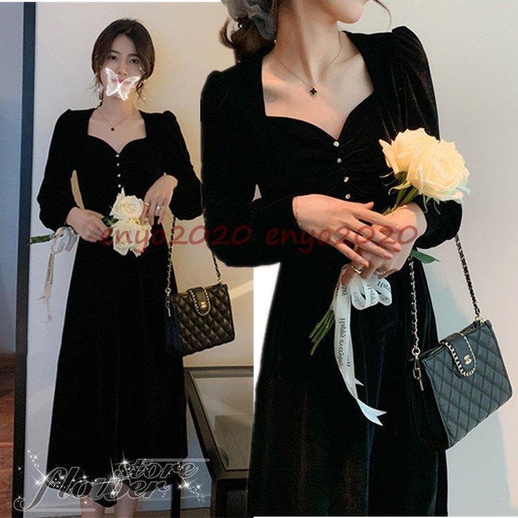 ワンピースドレス レディース 40代 秋冬 きれいめ マキシワンピース 長袖 ベルベット黒スクエアネック 結婚式ドレス パーティー 大きいサイズ 新作 オシャレ
