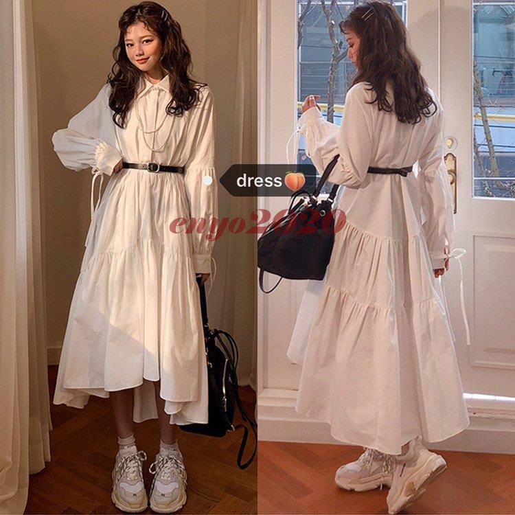 シャツワンピース レディース 40代 春秋 長袖ワンピース リボン 白シャツワンピース ロング丈フレアスカート ひざ下 オシャレ韓国風 ゆったり カジュアル