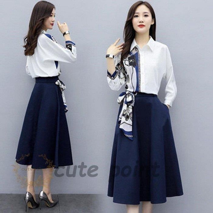 ワンピースセットアップ レディース 40代 春夏 長袖セットアップ 白ブラウス スカートセットアップ 2点セット ゆったり 上品 通勤OL ビジネス 大きいサイ...