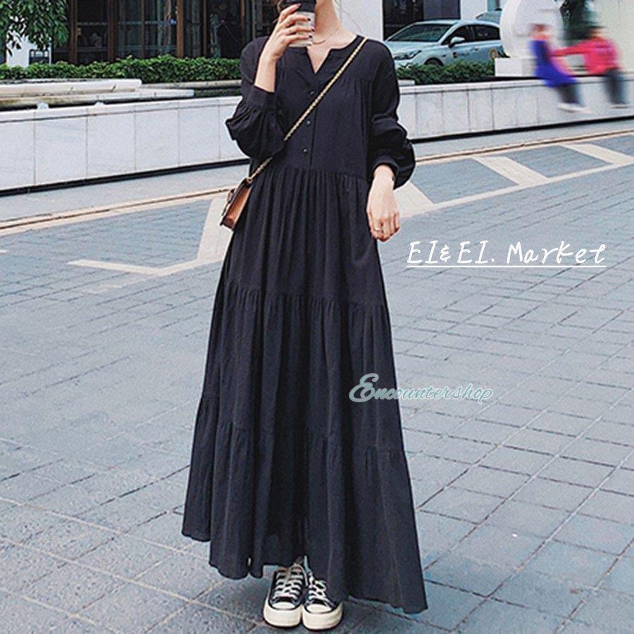 ワンピース レディース マキシ丈ワンピース 長袖 おしゃれ きれいめ 黒ワンピ vネック 揺れる 可愛い 上品 きれいめ ゆったり 着痩せ 春夏秋冬 ティアード