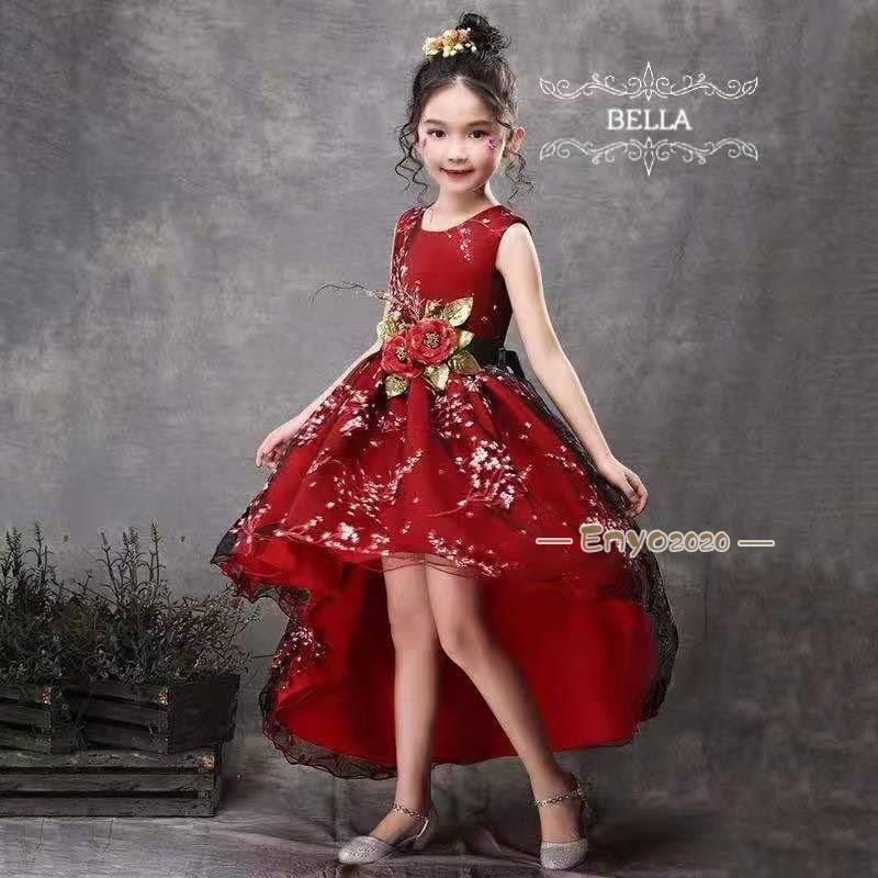 子供ドレス 緑 赤 レッド ドレス 発表会 結婚式 女の子 グリーン コンクール ピアノ キッズドレス レッド ロングドレス 立体花 120 130 140 150 160(4)