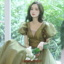 イブニングドレス 緑 パフスリーブ Aライン パーティードレス お呼ばれドレス グリーン 成人式ドレス エレガント 結婚式ドレス 優雅 二次会ドレス 七五三 お盆