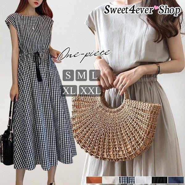 ワンピース 体型カバー チェック柄 綿麻 バイカラー マキシワンピ ドッキング Aライン ゆる フレア 大きいサイズ レディース 春 夏