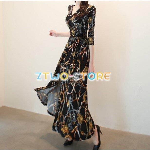 レディース Vネック ラップドレス 五分袖 総柄 ロング丈ワンピース エレガント ウエストリボン ハイウエスト S?XL