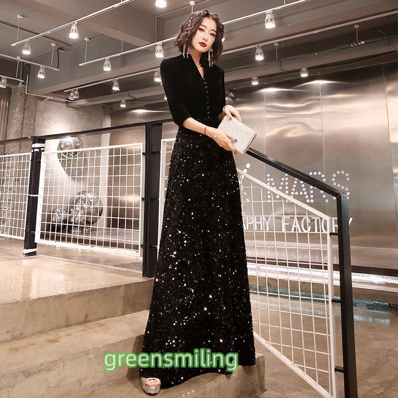 ロングドレス 母親 結婚式 演奏会用ドレス 袖付き 大人 ピアノ 発表会 キラキラ パーティー ワンピース お呼ばれ Vネック パーティードレス ドレス
