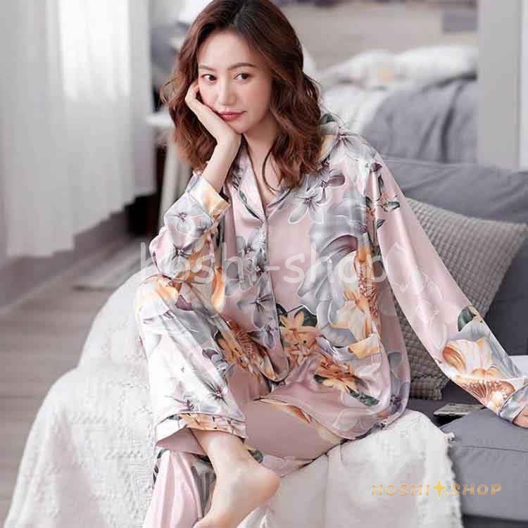 花柄 レディース 光沢 サテン パジャマ 長袖 前開き 上下セット 合成シルク ナイトウェア 寝間着 ショ..