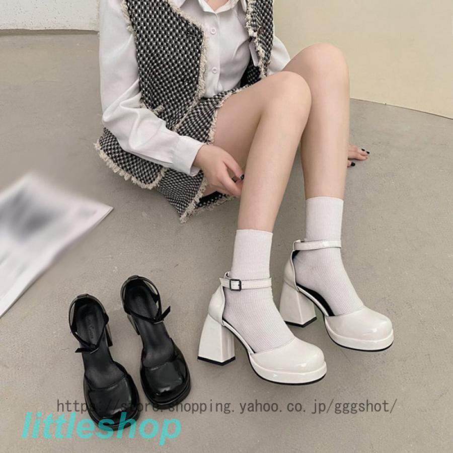 アンクルストラップ パンプス おしゃれ かわいい 厚底 太ヒール スクエアトゥ フェミニン レトロ エナメルパンプス 痛くない 脱げない ハイヒール 黒 白