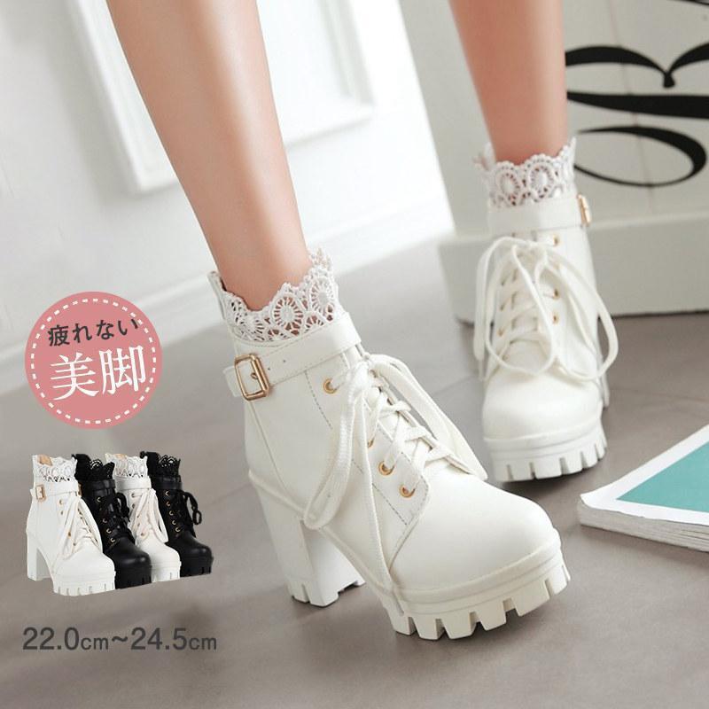 姫系 革靴 秋冬 ロリータ 靴 レディース ブーツ ショートブーツ 編み上げ レースアップ かわいい ガーリー ロリータ 厚底 おしゃれ