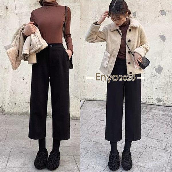 ワイドパンツ ラシャパンツ ウール混パンツ レディース ボトムス ズボン 七分丈 厚手 防寒 秋冬 大きいサイズ ハイウエスト 美脚 脚長 体型カバー