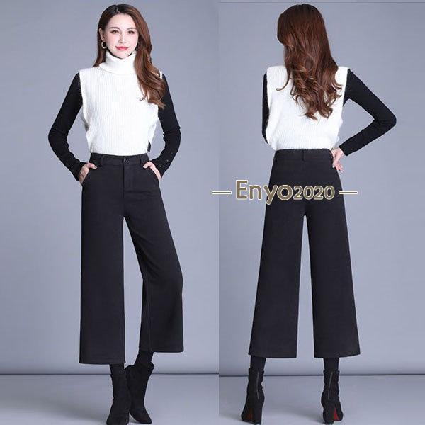 ワイドパンツ ガウチョパンツ レディース ボトムス ズボン 七分丈 ウエストゴム イージーパンツ ウール混 ラシャ 厚手 細身 ハイウエスト 大きいサイズ