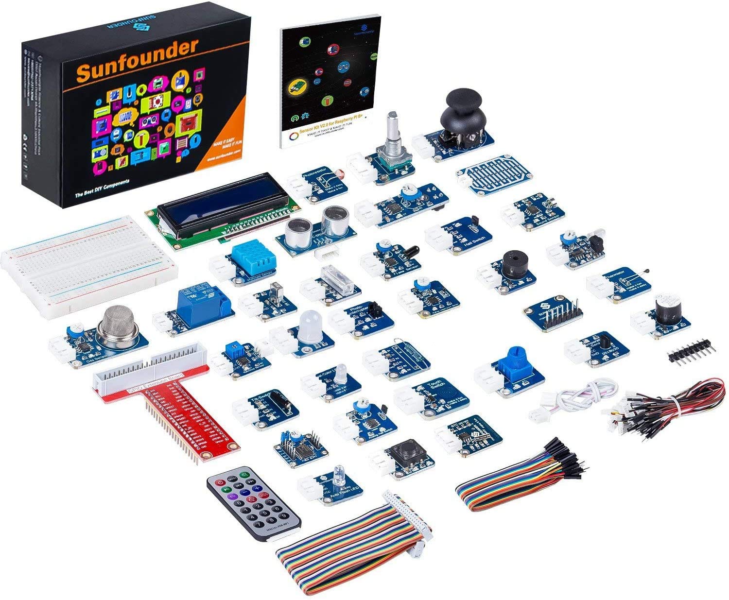 SunFounder Raspberry Pi センサーキット,37 IN 1(37モジュール入り),ラズベリーパイ スターター 実例で学ぶ 電子工作,GPIO拡張ボードジャンプワイヤー付き,Raspberry Pi 4B 3B+ 3B 400 2B