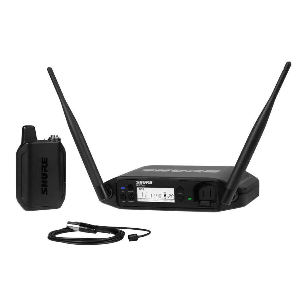 トピックスショッピングクレジット分割48回払いまで金利手数料0%！期間限定 〜2026年2月28日まで30,000円（税込）以上のお買い物が対象となります。本キャンペーンはクレジットカードでのお支払いは対象外となります。詳しくはお問い合わせください。アイテム説明WL93ラべリアマイクロホンを備えたデジタルワイヤレスプレゼンターシステム新しいGLX-Dワイヤレスプレゼンターシステムには、スピーチ向けのミニチュアウェアラブルWL93ラべリアマイクロホンとGLX-D4+卓上受信機が装備されています。自動周波数管理とスペクトラムの常時モニタリングを絶妙に組み合わせることで、信頼性のある安定した性能を実現するとともに、Shureの専用リチウムイオン充電池が最大で17時間の使用を可能にします。面倒な操作なしでワイヤレス接続できます。■GLX-D4+ テーブルトップ型受信機新しいGLX-D4+は、優れたデジタルオーディオの品質を実現するテーブルトップ型受信機です。自動周波数管理とスペクトラムの常時モニタリングを絶妙に組み合わせることで、信頼性のある安定した接続性能を実現します。面倒な操作なしでワイヤレス接続できます。・LCD画面ステータスディスプレイ：リアルタイムの電池駆動時間を時間および分単位で表示します・遠隔調整可能な送信機ゲインコントロール・Shureのリチウムイオン電池用の電池充電ポート内蔵・XLRおよび6.3mm出力コネクター・軽量、堅牢な構造■GLX-D1+ ボディパック型送信機GLXD1+ボディパック型送信機は、人間工学に基づき設計された頑丈な金属製ボディと、あらゆる場所にしっかりと快適に固定できるリバーシブルベルトクリップを備えています。自動周波数管理とスペクトラムの常時モニタリングを絶妙に組み合わせることで、信頼性のある安定した接続性能を実現するとともに、Shureの専用リチウムイオン充電池が最大で17時間の使用を可能にします。面倒な操作なしでワイヤレス接続できます。・GLX-D+デジタルワイヤレス受信機に自動的にリンクしてシームレスに周波数を変更・Shure独自のリチウムイオン充電池により、最大17時間の連続使用が可能・到達距離：　屋内：通常の使用時に最大30m、最良の環境下で最大60m　屋外：通常の使用時に最大20m、最良の環境下で最大50m・TAF4コネクター搭載のShureマイクロホンおよびギターケーブルと使用できます■WL93 ラベリア・マイクロホンWL93はスピーチ用途のために生まれた、コスト・パフォーマンスが高い超小型な、無指向性コンデンサ型ラベリア・マイクロホンです。・演劇、テレビ放送、ビデオ、映画、音空間の創造に最適なサイズの、超小型なラベリア設計。・小さく目立たない、取り付け用部品。・通常サイズのマイクロホンに引けを取らない、正確かつクリアな音質。・胸部に装着して使用するために最適に調整された、滑らかに広がる、プレゼンスを高めた周波数特性。・調整された低音域のロールオフにより、衣服の摩擦や周囲のノイズを低減。・歪みを抑えた、伸びやかに広がるダイナミック・レンジ。・汎用性の高い取り付け用アクセサリにより、マイクロホンを目立たせたくないシーンでも幅広く使用可能。・プリアンプ部は、ポケットの中に入れたり、体にテーピングで固定したり、クリップを使ってベルトやリストバンドに取り付けることが可能。・無指向性コンデンサ採用。・周波数特性:80 Hz〜20 KHz■同梱品PS43 ACアダプターSB904リチウムイオン充電池黒色のキャリングポーチスペック【GLX-D4+ テーブルトップ型受信機】■寸法：高さ182.8 x 幅121.97 x 奥行き40.3 mm (アンテナ折りたたみ時）■質量：310 g■外装：成形プラスチック■使用電源：14.5 V 〜 17 V, 600mA■スプリアス除去：>35 dB、標準■ゲイン調整範囲：-20 〜 40 dB 1 dB 刻み■ファンタム電源保護：搭載■構成　XLR 出力：インピーダンスバランス　6.35 mm (1/4") 出力：インピーダンスバランス■インピーダンス　XLR 出力： 100 Ω　6.35 mm (1/4") 出力：100 Ω (50 Ω、アンバランス)■最大音声出力レベル　XLR コネクター (600 Ω 負荷へ)：1 dBV　6.35 mm (1/4“) コネクター(3 kΩ 負荷へ)：+8.5 dBV■ピンアサイン　XLR 出力：1=グランド、 2=ホット、 3=コールド　6.35 mm (1/4“) コネクター：チップ=オーディオ、リング/スリーブ=グランド■受信機アンテナ入力　インピーダンス：50 Ω　アンテナタイプ：1/2 波長スリーブダイポール、固定式　最大入力レベル：−20 dBm【GLX-D1+ ボディパック型送信機】■寸法：高さ115 x 幅66.94 x 奥行き28.51 mm (アンテナ除く)■質量：153.1 g （電池除く)■使用電源：3.7 V 充電式リチウムイオン■外装：ダイカストメタル、ブラックパウダーコーティング■入力インピーダンス：900 kΩ■RF 送信出力：10 mW E.I.R.P. 最大■送信機入力：　コネクター：4ピン・オス型ミニコネクター (TA4M)　構成：アンバランス　最大入力レベル (1% THDで1 kHz)：+8.4 dBV (7.5 Vp-p)■アンテナタイプ：内部単極■ピンアサイン TA4M　1: グランド (ケーブルシールド)　2: + 5 V バイアス　3: オーディオ　4: アクティブロードを通じてグランドに接続（楽器用アダプターケーブルではピン4は浮きます納期について売却時は迅速に商品情報の削除を心掛けておりますが、ショッピングページの更新までにタイムラグが生じ、ご注文のタイミングによっては商品のご用意ができない場合がございます。あらかじめご了承くださいますようお願い申し上げます。あす楽対象商品以外、納期のご確認はご注文前に「商品についての問合わせ」よりお問い合わせください。