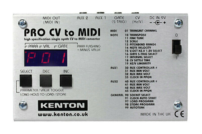 トピックスショッピングクレジット分割48回払いまで金利手数料0%！期間限定 〜2024年2月29日まで30,000円（税込）以上のお買い物が対象となります。本キャンペーンはクレジットカードでのお支払いは対象外となります。詳しくはお問い合わせください。アイテム説明KENTON Electronics PRO CV to MIDI (プロ シーブイ トゥ ミディ)は入力したアナログ・コントロール信号を MIDI に変換して出力する高機能なコンバーターです。CV, Gate, トリガー, クロック等を出力するヴィンテージ・シンセサイザーやモジュラー・シンセサイザーで、MIDI を搭載したシンセサイザーやコンピューターのソフトウェア・シンセサイザーやDAW ソフトをコントロールする事ができます。▼入力したアナログ・コントロール信号を MIDI に変換して出力・CV (Hz/V)ピッチ CV の入力です。多くのヴィンテージ・シンセサイザー等で採用されている「1V/Oct」、KORG や YAMAHA のヴィンテージシンセサイザーで採用されている「Hz/V」、ごく一部の機種で採用されている「1.2V/Oct」の3種類に対応しています。MIDI ノートのピッチ情報に変換され出力します。・GATE (S-TRIG)GATE 信号の入力です。ゲートタイプは一般的な「GATE」信号と「S-TRIG」の2種類に対応しています。MIDI ノートのデュレーション(発音の長さ)に変換され出力します。・AUX1, AUX2その他のアナログ信号の入力です。CV やクロック等を入力し様々な MIDI メッセージに変換して出力します。AUX1, AUX2 それぞれ下記の機能から一つずつ選択し使用できます。CCs 0 to 119：入力した CV を任意の MIDI コントロール・チェンジに変換して出力します。CCs 0 to 31 (High res)：入力した CV を任意の高解像度 MIDI コントロール・チェンジに変換して出力します。Start/stop：入力したパルスを MIDI スタート/ストップに変換して出力します。Clock：入力したアナログ・クロックを MIDI テンポに変換して出力します。入力ソースにより 48, 24, 12, 8, 6, 4, 3, 2, 1ppqn に設定可能です。Pitch bend：入力した CV をピッチベンドに変換して出力します。Velocity：入力した CV をベロシティに変換して出力します。Chan. Aftertouch：入力した CV をチャンネル・アフタータッチに変換して出力します。・MIDI OUT (MIDI IN)変換された MIDI 信号を出力します。また PRO CV to MIDI のファームウェア・アップデートの際にはファームウェアのデータを入力する MIDI IN として機能します。▼オートチューン機能スケール、シグナル・タイプ、チューニング・パラメーターを全て設定する事ができるオートチューン機能を搭載しています。オートチューン・モードで特定のノートを数回演奏するだけの簡単な操作で、適切な設定にする事ができます。▼メモリー機能最大 32 通りの設定を本体内に保存し、いつでもすぐに読み出すことができます。※入力した MIDI 情報を CV や Gate に変換して出力する機能はありません。※出力できるノート情報は同時に1つだけです。複数の鍵盤を同時に押さえて和音を出力することはできません。【接続端子】MIDI OUT (MIDI IN※ファームウェア・アップデートの際に MIDI IN として使用)CV (1V/Oct, Hz/V, 1.2V/Oct)GATE (S-TRIG)AUX1AUX2【電源】9V DC 80mA 2.1mmプラグ (センター+)≪SPEC≫■外形寸法幅 : 122mm奥行き : 75mm高さ : 42mm（ノブ、ゴム足、突起含む）■重量170g納期について売却時は迅速に商品情報の削除を心掛けておりますが、ショッピングページの更新までにタイムラグが生じ、ご注文のタイミングによっては商品のご用意ができない場合がございます。あらかじめご了承くださいますようお願い申し上げます。あす楽対象商品以外、納期のご確認はご注文前に「商品についての問合わせ」よりお問い合わせください。