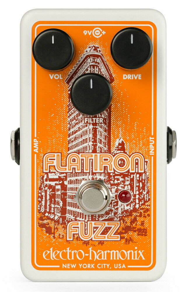 Flatiron Fuzzは、クラシックなオペアンプタイプのファズ/ディストーションです。70年代後半スタイルの回路と対称ハードクリッピングを備えた、Electro-Harmonixなりに解釈して昇華させたRAT2ペダルです。Flatiron Fuzzは非常に多様性に富んだペダルです。ドライブが低めの設定では、僅かにクリーンを保ちながら心地よいマイルドなディストーションを加えてくれます。ドライブの設定を上げると壮大で分厚いトーンを生み出し、アリーナロックの世界へと導いてくれます。Flatiron Fuzzの優れたサウンドは、クラシックな70年代後半の回路とそれが実現する対称ハードクリッピングに起因します。オールドのRatペダルと比較されたとしても、Flatironの方を選んでもらえるような仕上がりとなっています。Flatiron Fuzzは、Volume、Drive、Filterの3つのコントロールを備えています。Volumeは出力レベルを設定し、Driveはサステインとディストーションの量を調整します。ユニークなFilterコントロールはカットオフ周波数を変化させるローパスフィルターで、ハイエンドの量をダークなトーンからダーティーなサウンドまで絶妙に調整できる、非常にクールなコントロールです。Flatiron Fuzzはニューヨークの歴史的なFlatiron Buildingにちなんで名付けられました。 1970年代にEHX本社すぐ近くにある象徴的なランドマークで、ペダルに描かれた建物です。*RAT2はAct Audioの登録商標です。■伝統的なオペアンプ駆動のファズ/ディストーション■対称のハードクリッピング■ギターボリュームを下げるとクリーンに近づいた絶妙なサウンドを作り出します■ユニークなフィルターコントロール■コンパクトなペダルボードフレンドリーなデザイン■9Vバッテリー(006P)/EHX JP9.6DC-200アダプター対応。■トゥルーバイパス仕様。 【即納可能】【あす楽】表記の商品以外は基本的にお取り寄せになります。 メーカー在庫依存商品はお取り寄せでも翌日出荷が可能です。 (但：メーカー在庫品・平日メーカー受注時間内) ※商品状態をリアルタイムに反映できない場合がございます。 売り切れの際はご了承ください。