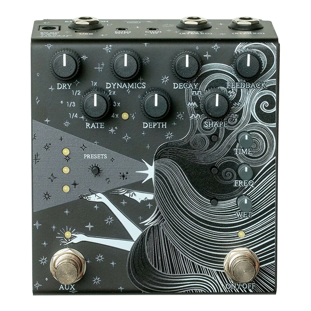 トピックスショッピングクレジット分割48回払いまで金利手数料0%！期間限定 2026年5月31日まで30,000円（税込）以上のお買い物が対象となります。本キャンペーンはクレジットカードでのお支払いは対象外となります。詳しくはお問い合わせください。アイテム説明乱反射する残響をプレイニュアンスで自在に操る、 進化した"光"のリバーブ。光-それは闇。持続するもの、減衰するものの全て。それがSunlightの織りなす世界。入力と出力の相互的な引力。再生成の可能性。ある線は渦巻き、ある線は真っ直ぐ進む。それが交わることは決して無い。拡大、縮小、そして再び膨張。まるでビッグバンが昨日の事のように感じられるが如く。■モジュレーションが織りなす光のリバーブSunlightの基本となるのは、モジュレーションによって揺れ動くリバーブサウンドです。TIMEを動かせばコーラスやフランジャー、FREQを動かせばムービングフィルター、WETを動かせばトレモロエフェクト。これらを組み合わせることも可能です。揺れを生み出すLFOは、DEPTHやRATEに加えて波形も選択可能。ランダム波形やテープのように不安定に揺れる波形を選ぶこともできます。揺れる葉から落ちる木漏れ日、あるいは波間に乱反射する陽の光。Sunlightのもたらす眩い残響を、モジュレーションで自在にデザインしましょう。■演奏のダイナミクスで残響を操る「ダイナミックリバーブ」を標榜するSunlightは、モジュレーションの動きに加えてダイナミクスにもフォーカスしたリバーブ。演奏の強弱によって、残響のフリーズやLFOのスピードを操ることができます。DYNAMICSノブをセンターから左に回すことで、入力の強さに応じてLFOを速くするエンベロープコントロールが有効になります。時に優しく、時に激しく動くモジュレーションを、演奏のニュアンスでコントロールしましょう。DYNAMICSノブをセンターから右に回すと、設定した音量を超えた入力にのみリバーブがトリガーされます。プレイを重ねるたび残響は新しいサウンドで満たされ、以前の残響はフェードアウト。プレイを止めれば、リバーブサイクル内のトーンが無限にリピートされます。■Sunlightを拡張する新機能Sunlight Stereoはモノラルに加えステレオ、そしてモノラルイン/ステレオアウトのルーティングにも対応。それだけでなく、様々な機能のアップデートも行われています。AUXスイッチはモードを切り替えることで、タップテンポ、リバーブホールド、プリセット切り替えが可能に。EXPコントロールは全てのノブに割り当てることができ、フットコントロールの自由度を拡張しています。さらには全てのパラメーターがMIDIでコントロールできるほか、MIDI Clockを用いた外部機器とのシンクも可能に。Sunlightはあらゆる環境・セットアップで輝きます。■CONTROLDRY原音の音量を設定します。DYNAMICSリバーブの入力スレッショルド、もしくはRATEエンベロープの感度を設定します。DECAYリバーブの長さを極めて短い設定から、無限にホールドされる設定までの範囲で設定します。FEEDBACKリバーブの後ろに配置されたディレイのフィードバックを設定します。RATELFOの速さを設定します。DEPTHLFOの幅を設定します。SHAPELFOの波形を選択します。TIMEリバーブの後ろに配置されたディレイのタイムを設定します。FREQディレイの後ろに配置されたフィルターのカットオフ周波数を設定します。WETエフェクト音全体の音量を設定します。PRESETSプリセットの切り替えと保存に使用します。プリセットはAUXスイッチでの切り替えも可能です。AUXスイッチ切り替えでプリセット送りやリバーブ音のホールド、タップテンポが可能。ON/OFFペダルのオンオフを切り替えます。通常のタップでラッチ、長押しでモーメンタリー動作となります。スペック■フィルターのカットオフ、ディレイタイム、WET音量の全てをLFOでモジュレーション。■DYNAMICSノブで、残響のホールドやLFOの動きを入力音量でコントロール。演奏のニュアンスで無限の残響を操る「ダイナミックリバーブ」。■フリーズに加え、タップテンポやプリセットの選択も可能なALTスイッチ。■全てのノブから単独または複数パラメーターを制御可能なEXPジャック。■ペダル内の全てがMIDIでコントロール可能。MIDI Clockを用いた外部機器とのシンクも。■アナログドライスルーのステレオ入出力■トレイルバイパス、またはトゥルーバイパス。■350mA 9VDCセンターマイナス。電池は使用できません。納期について売却時は迅速に商品情報の削除を心掛けておりますが、ショッピングページの更新までにタイムラグが生じ、ご注文のタイミングによっては商品のご用意ができない場合がございます。あらかじめご了承くださいますようお願い申し上げます。最強配送対象商品以外、納期のご確認はご注文前に「商品についての問合わせ」よりお問い合わせください。