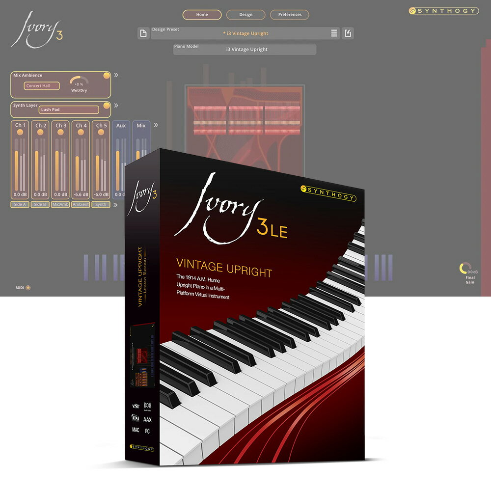 トピックスショッピングクレジット分割48回払いまで金利手数料0%！期間限定 2026年2月28日まで30,000円（税込）以上のお買い物が対象となります。本キャンペーンはクレジットカードでのお支払いは対象外となります。詳しくはお問い合わせください。アイテム説明Ivory 3プラットフォームに新たに加わったSynthogy Ivory 3 LE Uprightsシリーズ。本製品「Vintage Upright」は、1914年製のHume Uprightというアメリカのピアノ黄金期に作られた大型アップライトピアノを、オリジナルパーツで丁寧に修復され、魂のこもったタイムレスなキャラクターと魅力を忠実に再現するため、細部にわたってサンプリングされています。Ivory 3エンジンで再構築し、他に類を見ないキャラクター、表現力、そして本物の響きをお届けします。■Ivory 3エンジンによる音の革命これらのアップライトピアノは、Synthogyの次世代エンジン Ivory 3 によって命を吹き込まれました。中核をなすのは、受賞歴のあるRGBエンジン。各キーの打鍵に対して音色がなめらかに変化する「Continuous Velocity」技術を搭載し、モデリングのような表現力と、サンプリング由来の音の深みとリアリズムを両立しています。さらにMIDI 2.0に対応し、最大65,536段階の高解像度ベロシティをサポート。前例のないコントロール性と無限の音色変化を実現します。■あらゆるジャンル、あらゆる雰囲気に対応ステレオ収録された音源とIvory 3の高度なサウンドツールにより、あらゆるシーンで生き生きと響きます。ソロ演奏、スタジオ制作、アンサンブル演奏など、用途に合わせた幅広いプリセットが用意されています。ソングライター、プレイヤー、プロデューサー、そして映画音楽作曲家にも最適。ジャズ、ブルース、ルーツ、ロック、ポップス、映画音楽まで、どんなジャンルでも、インスピレーションと本物の響きをもたらします。■収録ピアノ1914年製のHume Uprightについて1914年製のHume Uprightは、アメリカのピアノ黄金期に製造された逸品。オリジナルパーツを保持したまま丁寧に整備され、温もりと深みをもつヴィンテージトーンを再現しています。Ivory 3エンジンによって甦ったこのピアノは、時を超えた情感とリアリズムを兼ね備えています。■主な機能・RGB Engine搭載Ivory 3プラットフォームの中核を担う受賞歴あるエンジン。複数マイクポジションを除くIvory 3機能をすべて搭載し、Ivory IIライブラリ／プリセットとの互換性を完全にサポート。・Continuous Velocity – 連続ベロシティ制御従来のベロシティレイヤーを超え、滑らかな音色変化を可能にします。モデリングのような表現力と、サンプリング音源の深みを両立しました。・MIDI 2.0対応MIDI 1.0（127段階）、MIDI CC88（16,384段階）、MIDI 2.0（65,536段階）に対応。どのコントローラーでも無段階のトーンコントロールが可能です。・オンボード・ミキシングデスク各ステレオチャンネルに、トリム／ゲイン／位相反転／3バンドEQ／コンプレッサー／アンビエンス／コーラス／ディレイ／M/S処理／バスセンド／パラレル処理などを搭載しました。・新しいシンセレイヤー機能Audiobro製Ensemble Stringsサンプルや、クラシックなCreaks & Clunksレイヤーを収録。エンベロープ・アタック調整、専用チャンネルでのエフェクト処理も可能です。・新GUI（グラフィカル・ユーザー・インターフェース）Ivory 3の操作性を一新。より直感的で楽しく扱えるデザインに変わりました。・シンプルなプリセット構造Ivory 2で分かれていたProgram／Effect／Sessionプリセットを統合。旧Ivory IIのプリセットも互換性を維持しています。・完全な下位互換性Ivory 3はスタンドアロン動作も可能。Ivory IIのライブラリやプロジェクトもそのまま使用できます。スペック■ご注意本製品は「ダウンロード版」です。パッケージ、インストールディスク・USB等の発送はございません。シリアル番号はメールでのお届けとなります。製品の性質上、お受け取り後のキャンセル・返品はお受けすることが出来ません。予めご了承ください。※動作環境の詳細、最新状況はメーカーサイトにてご確認ください。納期について売却時は迅速に商品情報の削除を心掛けておりますが、ショッピングページの更新までにタイムラグが生じ、ご注文のタイミングによっては商品のご用意ができない場合がございます。あらかじめご了承くださいますようお願い申し上げます。最強配送対象商品以外、納期のご確認はご注文前に「商品についての問合わせ」よりお問い合わせください。