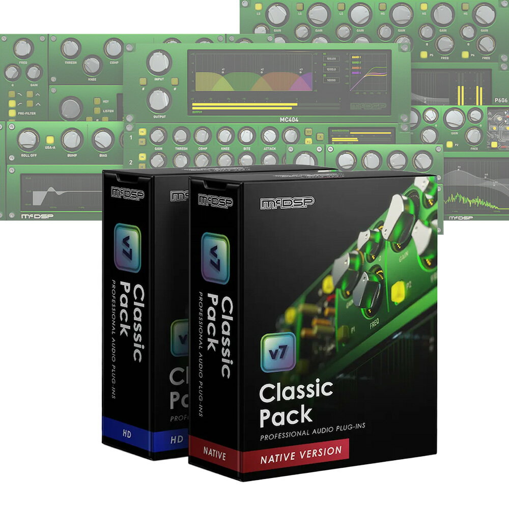 トピックスショッピングクレジット分割48回払いまで金利手数料0%！期間限定 2025年11月30日まで30,000円（税込）以上のお買い物が対象となります。本キャンペーンはクレジットカードでのお支払いは対象外となります。詳しくはお問い合わせください。アイテム説明McDSP製プラグイン、EQとコンプレッサーの定番中の定番4製品をバンドル。FilterBank、CompressorBankなど、Pro Tools用EQ、コンプレッサーの代名詞になっているプラグインをリリースしているMcDSP。その名前を知らない人でも、スタジオや、「ギター/ボーカル録音テクニック」といった雑誌の特集で、グリーンのインターフェースを目にした事があるのではないでしょうか。そんなMcDSPのFilterBank、CompressorBankに、アナログ・ヘッドアンプ & テープマシンのサウンドを再現するAnalog Channelと、自由にニーを調整可能な仕様などCompressorBankゆずりの柔軟性を備えたマルチバンド・コンプMC2000をバンドルしたClassic Pack。■v7情報・Apple Siliconと最新Intelプロセッサへの最適化・1ライセンス / サブスクリプションにつき2回のアクティベーションが可能・ユーザー・インターフェイスの解像度を向上・一部の製品に新機能を追加・1500以上のプリセットを追加・ゼロレイテンシー・アルゴリズミック・プロセシングの精度を2倍に■バンドル同梱製品一覧・Analog Channel・CompressorBank・FilterBank and MC2000スペック■ご注意本製品は「ダウンロード版」です。パッケージ、インストールディスク・USB等の発送はございません。シリアル番号はメールでのお届けとなります。製品の性質上、お受け取り後のキャンセル・返品はお受けすることが出来ません。予めご了承ください。■対応フォーマット・AAX DSP・AAX Native・Audio Unit・VST3■オーサライズ方式・USB Smart Key (iLok2 / iLok3)・iLok Cloud※本製品のご使用にはiLok USB Smart Key 2/3(別売)、またはiLok Cloud(無料)が必要です。■対応OS・macOS 10.13 High Sierra -MacOS Sequoia (Intel / Apple Silicon)・Windows 10 - 11■対応ホストアプリケーション・Pro Tools・Logic Pro・Cubase・Nuendo・FL Studio・Ableton Live・LUNA・Reaper・Sonar・Studio One・VENUE S6L System※動作環境は随時更新されるため、最新状況はメーカーサイトにてご確認ください。納期について売却時は迅速に商品情報の削除を心掛けておりますが、ショッピングページの更新までにタイムラグが生じ、ご注文のタイミングによっては商品のご用意ができない場合がございます。あらかじめご了承くださいますようお願い申し上げます。最強配送対象商品以外、納期のご確認はご注文前に「商品についての問合わせ」よりお問い合わせください。