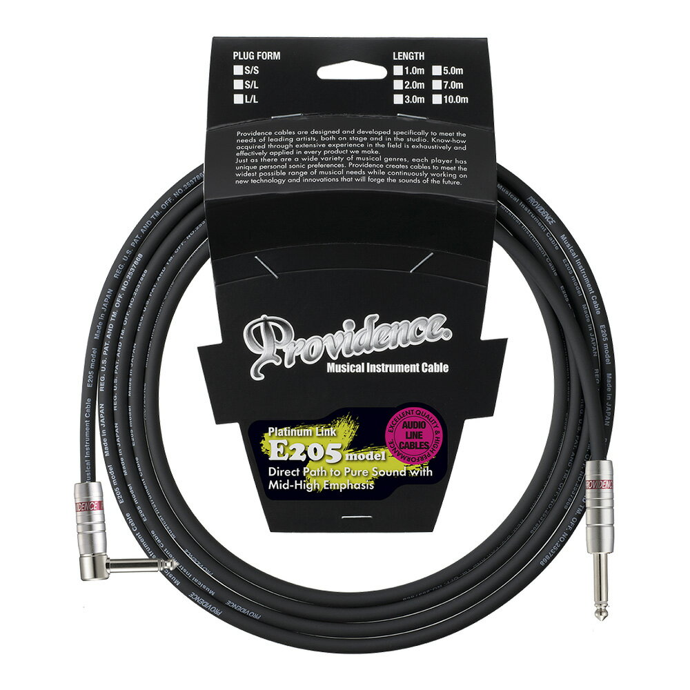 トピックスショッピングクレジット分割48回払いまで金利手数料0%！期間限定 2026年2月28日まで30,000円（税込）以上のお買い物が対象となります。本キャンペーンはクレジットカードでのお支払いは対象外となります。詳しくはお問い合わせください。アイテム説明E205 "'59ers"PLATINUM LINK GUITAR CABLE「ギターが弾きたくなる」。微妙なサウンドニュアンスと音の立ち上がりを忠実に伝達し、 “オイシイ”倍音とドライブ時のラウド感を実感できるケーブル。高音質でノイズに強く柔軟で、ライブはもちろんオーディオ・インターフェイス/MTRにもオススメ！Platinum LinkシリーズのE205 model "’59ers"は、エレクトリックギターやベースなどの微妙に枯れたサウンドニュアンスとピッキング時の音の立ち上がりを忠実に伝達することに重点を置くという目的をもって開発されたケーブルです。コンダクターには独自の芯線構成NVW1 OFCを使用。Mid-Hiをしっかりカバーしたそのサウンドは、ラフなカッティングやコード弾きなどにおいて“オイシイ”とされる倍音をよりバランス良く際立たせ、特にギターアンプのみでドライブさせた時に求められる独特なラウド感もより出しやすい設計になっています。しかもギター本体のボリュームを絞った状態でも、そのサウンドニュアンスは損なわれにくい特性を持っています。また、ライブパフォーマンスにおいて、取り回しがしやすいように対電磁ノイズなどのクオリティーは従来通りで、より一層の柔軟性を持たせました。さらに超過密編組シールドとカーボン含有の導伝ビニルを使用することによって電磁ノイズをシャットアウト。使用時に付きものの床たたきノイズ、テレビやラジオなどの高周波ノイズ、モーター等から発生するノイズからサウンドを守ります。プラグは、E205ケーブルの求めているサウンドに一番マッチしたニッケルメッキのProvidence NP-14およびNP-14L（91°L型プラグ）を使用。■プロビデンス独自の実用性とアイディア・プロビデンスケーブルは、製品を開発する時に必ずプラグとハンダの組み合わせを何通りもテストし、求めているサウンドに一番マッチした組み合わせを採用しています。・プラグのメッキ部も同様に、それぞれのケーブルが持つ音質と個性にマッチするよう、ゴールドメッキあるいはニッケルメッキのプラグを選択しています。・プラグシャフトは、大多数のフォーンジャックにジャストフィットするφ6.3mm。これは多少のことでは抜けにくく、プラグとジャックの接点が多いので音質にも好影響を与えます。・プロビデンス独自のL型プラグは91°のアングル(実用新案)を持っているため、ワウペダルなどに見られるジャック部とシャーシに角度のある機器への接続も容易です。スペック■Providence with NVW1 OFC■Conductor Size : 0.18mm?■Construction(No./mm) : 16/0.12OFC■Diameter : 0.55mm■Insulation Thickness : 0.98mm(±0.05)■Diameter : 2.50mm■Inner Jacket Thickness : 0.25mm■Diameter : 3.00mm■Shield-Diameter : 3.50mm■Jacket Thickness : 1.45mm(±0.10)■Diameter : 6.40mm■Maximum conductor resistance(20?C) : 100≧(Ω/km)■Capacitance(1kHz) : Approx.140(pF/m)■Plug : NP-14およびNP-14L（L型プラグ）※画像はイメージです。ケーブルの長さは実物とは異なりますのでご注意ください。納期について売却時は迅速に商品情報の削除を心掛けておりますが、ショッピングページの更新までにタイムラグが生じ、ご注文のタイミングによっては商品のご用意ができない場合がございます。あらかじめご了承くださいますようお願い申し上げます。最強配送対象商品以外、納期のご確認はご注文前に「商品についての問合わせ」よりお問い合わせください。